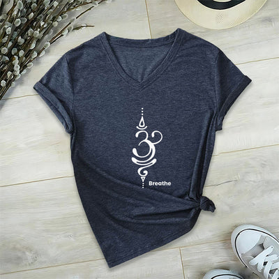 Olivenorma Breathe Symbol Women Short Sleeve V-Neck Cotton Yoga Medatition T-Shirt - Navy - 2XL - image 22
