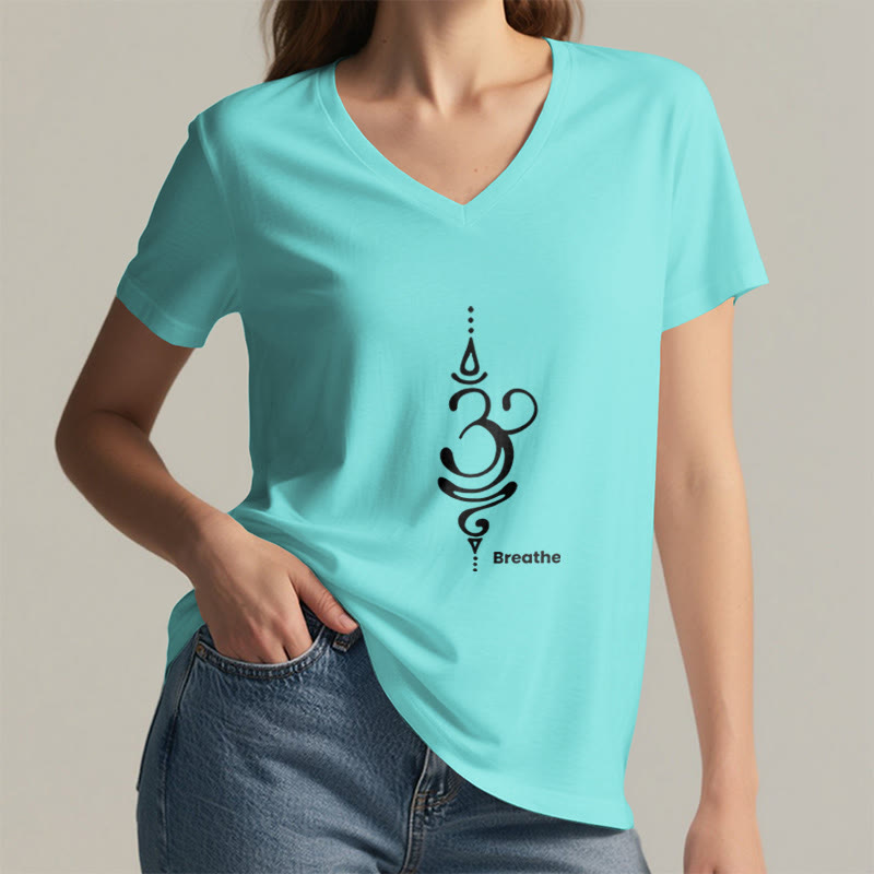 Olivenorma Breathe Symbol Women Short Sleeve V-Neck Cotton Yoga Medatition T-Shirt - image 17
