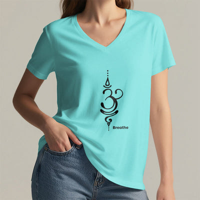 Olivenorma Breathe Symbol Women Short Sleeve V-Neck Cotton Yoga Medatition T-Shirt - image 17