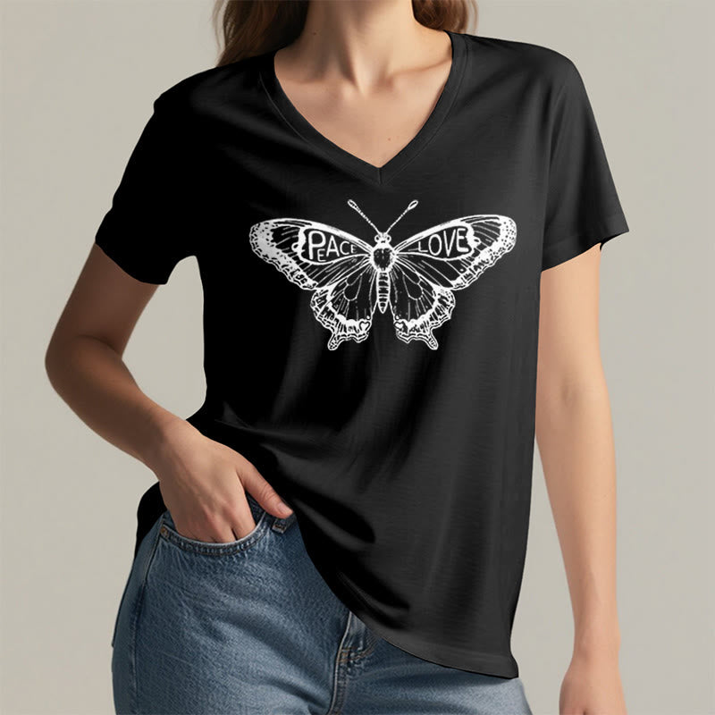 Olivenorma PEACE & LOVE Butterfly Short Sleeve V-Neck Tee Cotton T-Shirt - image 9