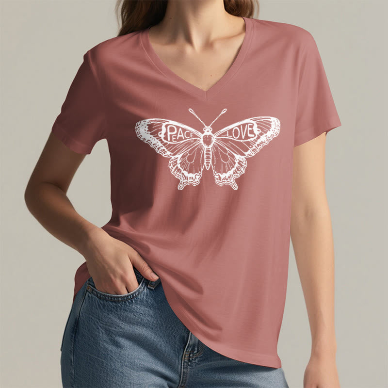Olivenorma PEACE & LOVE Butterfly Short Sleeve V-Neck Tee Cotton T-Shirt - image 27