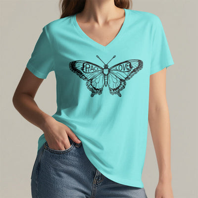 Olivenorma PEACE & LOVE Butterfly Short Sleeve V-Neck Tee Cotton T-Shirt - image 15