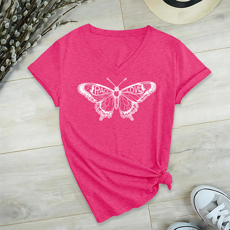 Olivenorma PEACE & LOVE Butterfly Short Sleeve V-Neck Tee Cotton T-Shirt - HotPink - 2XL - image 30
