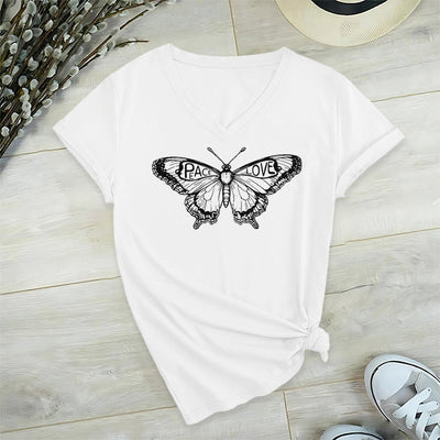 Olivenorma PEACE & LOVE Butterfly Short Sleeve V-Neck Tee Cotton T-Shirt - White - 2XL - image 10