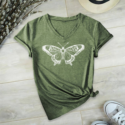 Olivenorma PEACE & LOVE Butterfly Short Sleeve V-Neck Tee Cotton T-Shirt - Olive - 2XL - image 24