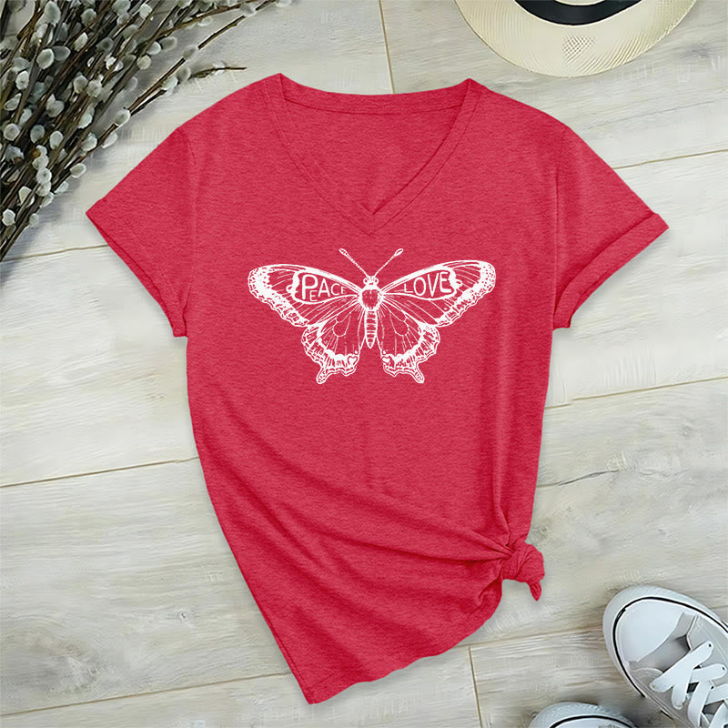 Olivenorma PEACE & LOVE Butterfly Short Sleeve V-Neck Tee Cotton T-Shirt - Red - 2XL - image 28