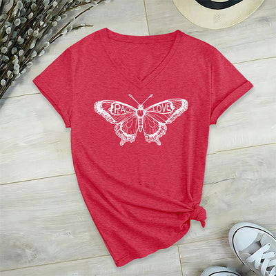 Olivenorma PEACE & LOVE Butterfly Short Sleeve V-Neck Tee Cotton T-Shirt - Red - 2XL - image 28