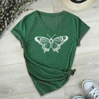 Olivenorma PEACE & LOVE Butterfly Short Sleeve V-Neck Tee Cotton T-Shirt - Green - 2XL - image 16