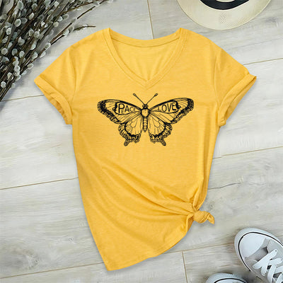 Olivenorma PEACE & LOVE Butterfly Short Sleeve V-Neck Tee Cotton T-Shirt - Yellow - 2XL - image 1