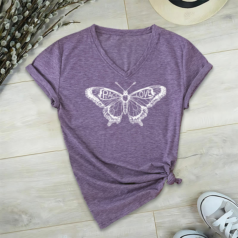 Olivenorma PEACE & LOVE Butterfly Short Sleeve V-Neck Tee Cotton T-Shirt - Purple - 2XL - image 18