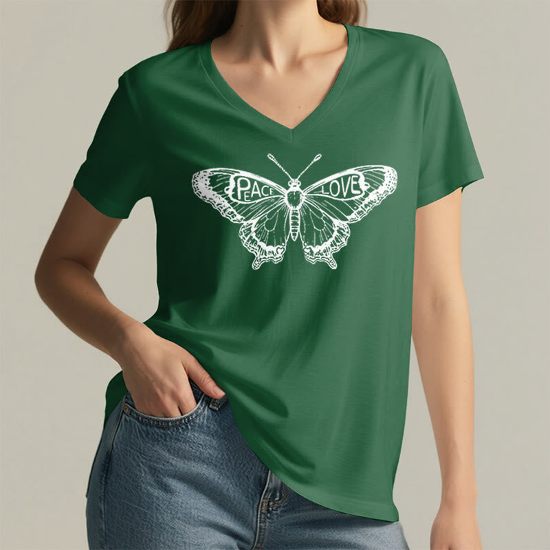 Olivenorma PEACE & LOVE Butterfly Short Sleeve V-Neck Tee Cotton T-Shirt - image 17
