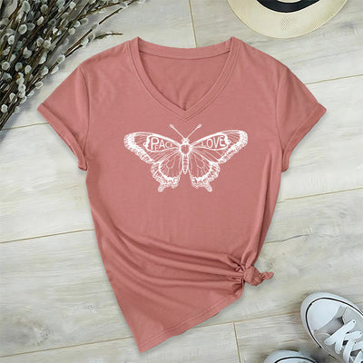 Olivenorma PEACE & LOVE Butterfly Short Sleeve V-Neck Tee Cotton T-Shirt - Pink - 2XL - image 26
