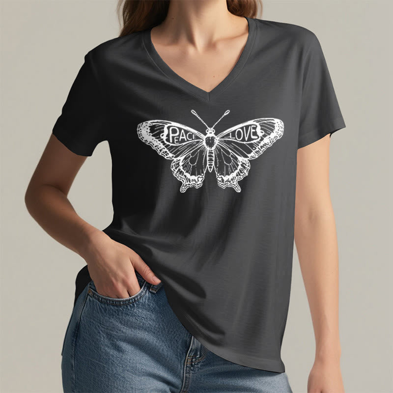Olivenorma PEACE & LOVE Butterfly Short Sleeve V-Neck Tee Cotton T-Shirt - image 23