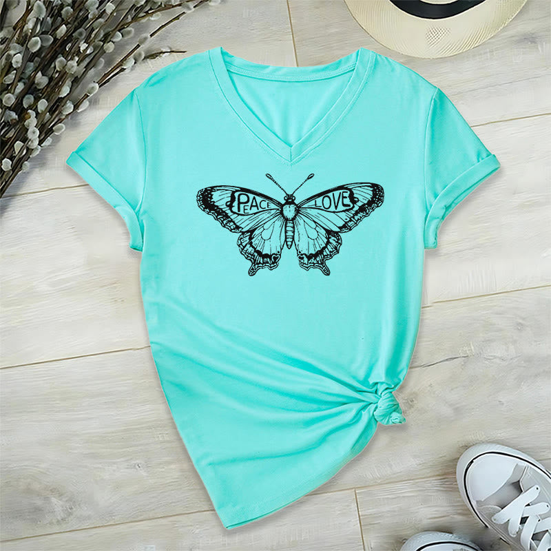 Olivenorma PEACE & LOVE Butterfly Short Sleeve V-Neck Tee Cotton T-Shirt - Cyan - 2XL - image 14