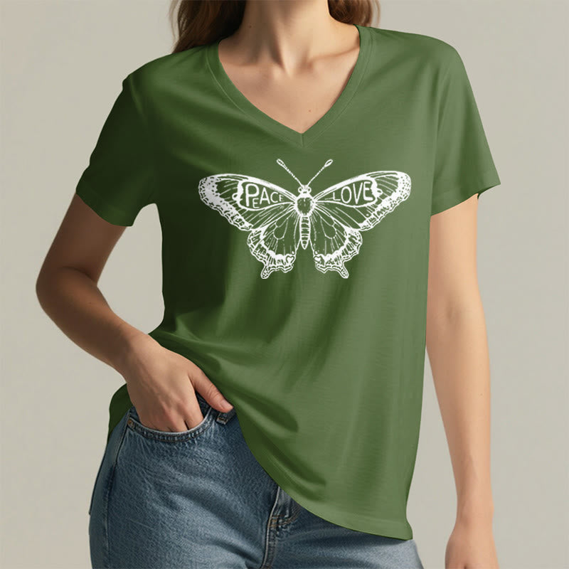 Olivenorma PEACE & LOVE Butterfly Short Sleeve V-Neck Tee Cotton T-Shirt - image 25