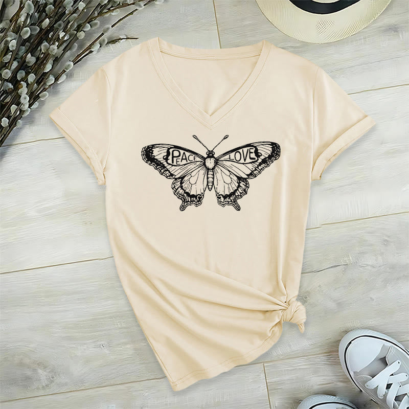 Olivenorma PEACE & LOVE Butterfly Short Sleeve V-Neck Tee Cotton T-Shirt - Beige - 2XL - image 12