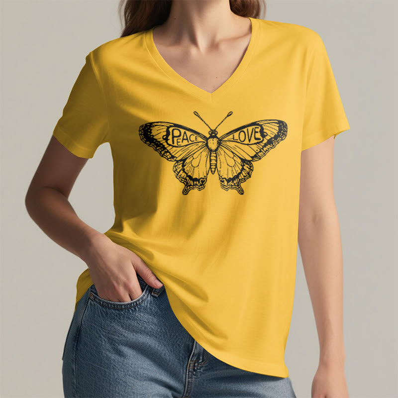 Olivenorma PEACE & LOVE Butterfly Short Sleeve V-Neck Tee Cotton T-Shirt - image 2