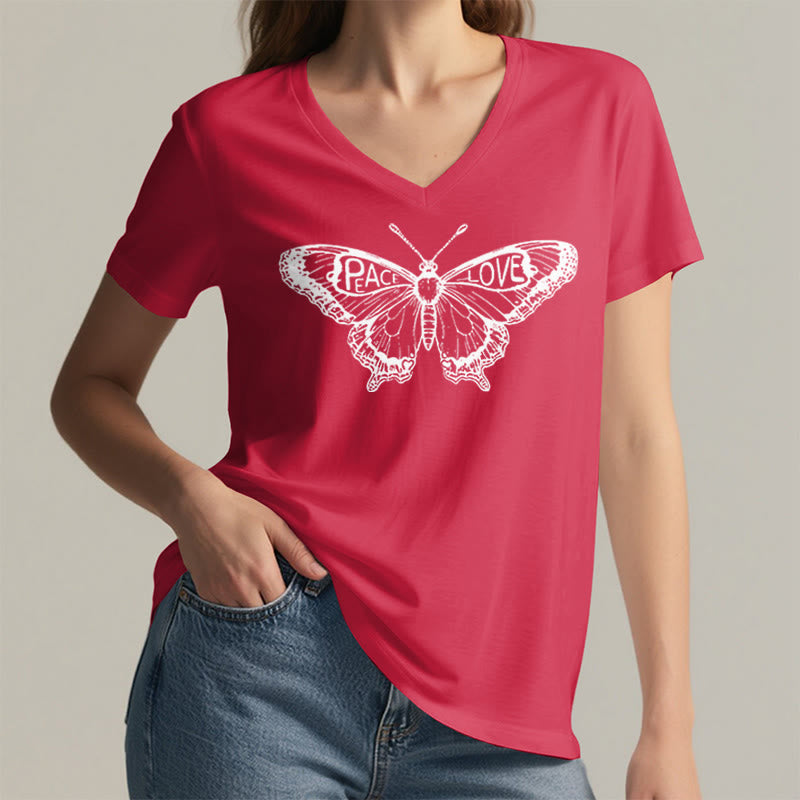 Olivenorma PEACE & LOVE Butterfly Short Sleeve V-Neck Tee Cotton T-Shirt - image 29