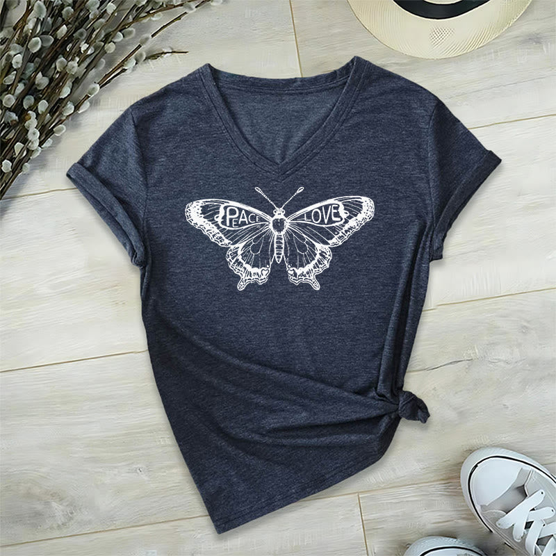 Olivenorma PEACE & LOVE Butterfly Short Sleeve V-Neck Tee Cotton T-Shirt - Navy - 2XL - image 20