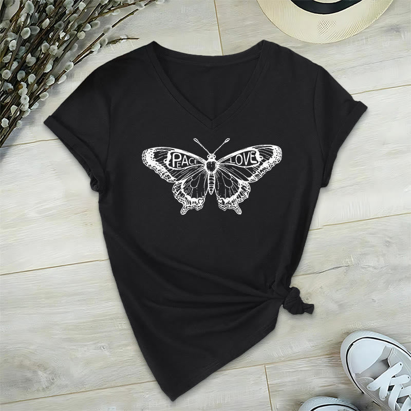 Olivenorma PEACE & LOVE Butterfly Short Sleeve V-Neck Tee Cotton T-Shirt - Black - 2XL - image 8