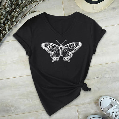 Olivenorma PEACE & LOVE Butterfly Short Sleeve V-Neck Tee Cotton T-Shirt - Black - 2XL - image 8