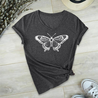 Olivenorma PEACE & LOVE Butterfly Short Sleeve V-Neck Tee Cotton T-Shirt - Grey - 2XL - image 22