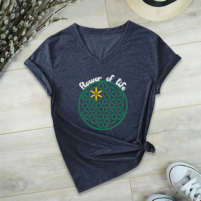 Olivenorma Flower of Life Boho Graphic Tees Casual V-Neck T-Shirt - Navy - 2XL - image 20