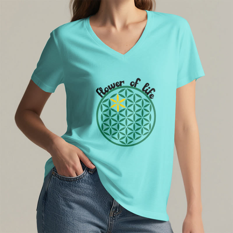 Olivenorma Flower of Life Boho Graphic Tees Casual V-Neck T-Shirt - image 15