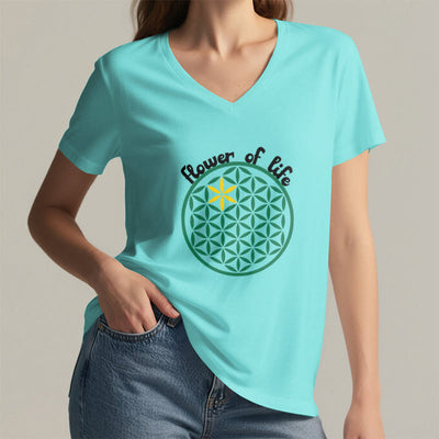 Olivenorma Flower of Life Boho Graphic Tees Casual V-Neck T-Shirt - image 15