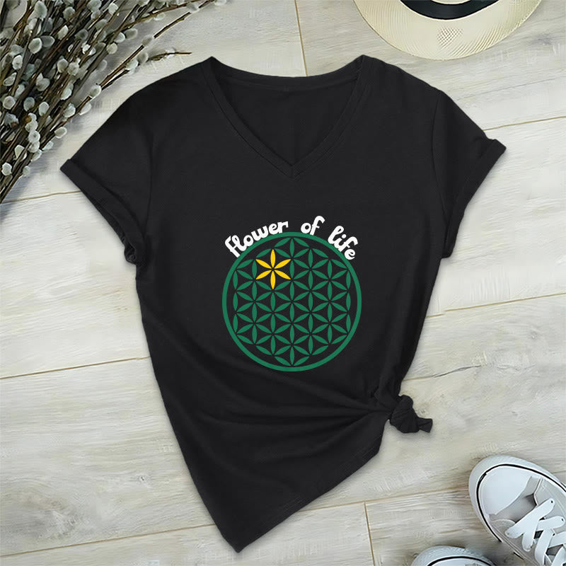 Olivenorma Flower of Life Boho Graphic Tees Casual V-Neck T-Shirt - Black - 2XL - image 8