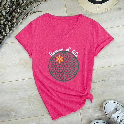 Olivenorma Flower of Life Boho Graphic Tees Casual V-Neck T-Shirt - HotPink - 2XL - image 30