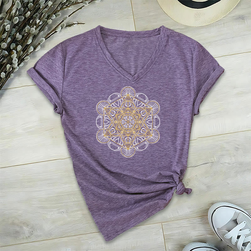 Olivenorma Soft Graphic Tee Metatron's Cube V-Neck Spiritual T-Shirts - Purple - 2XL - image 18