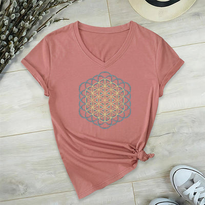 Olivenorma Flower Of Life Ward Off Evil Dreamcatcher Printed Geometry V-Neck T-Shirt - Pink - 2XL - image 24