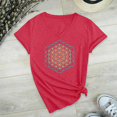 Olivenorma Flower Of Life Ward Off Evil Dreamcatcher Printed Geometry V-Neck T-Shirt - Red - 2XL - image 22