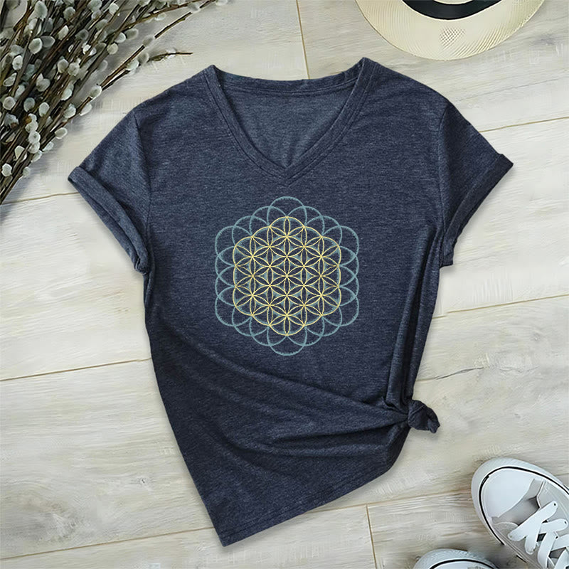 Olivenorma Flower Of Life Ward Off Evil Dreamcatcher Printed Geometry V-Neck T-Shirt - Navy - 2XL - image 18