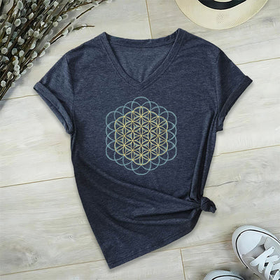 Olivenorma Flower Of Life Ward Off Evil Dreamcatcher Printed Geometry V-Neck T-Shirt - Navy - 2XL - image 18