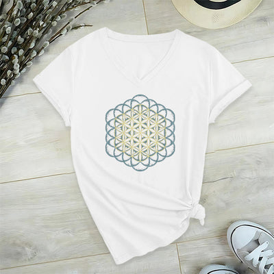 Olivenorma Flower Of Life Ward Off Evil Dreamcatcher Printed Geometry V-Neck T-Shirt - White - 2XL - image 14