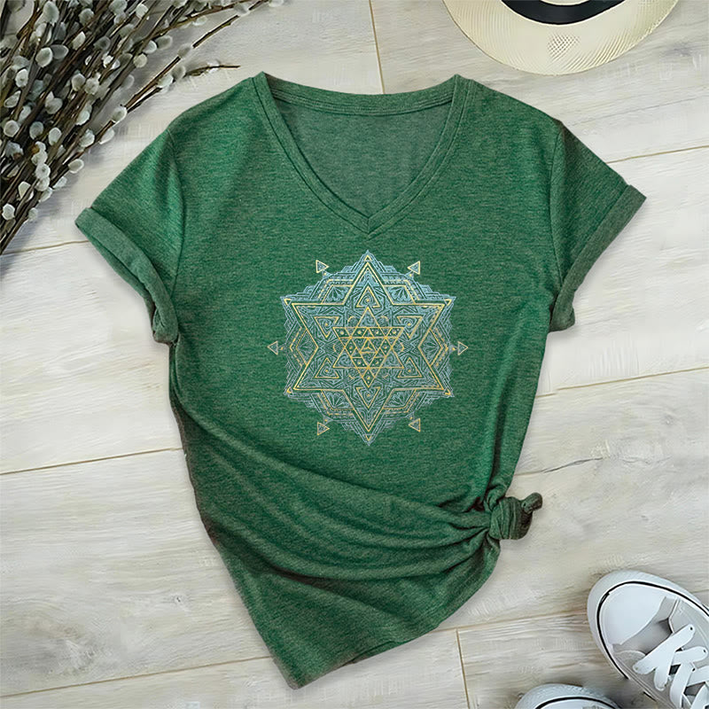 Olivenorma Metatro's Cube Symbol Sacred Geometry Healing Tee V-Neck Spiritual T-Shirt - Green - 2XL - image 25