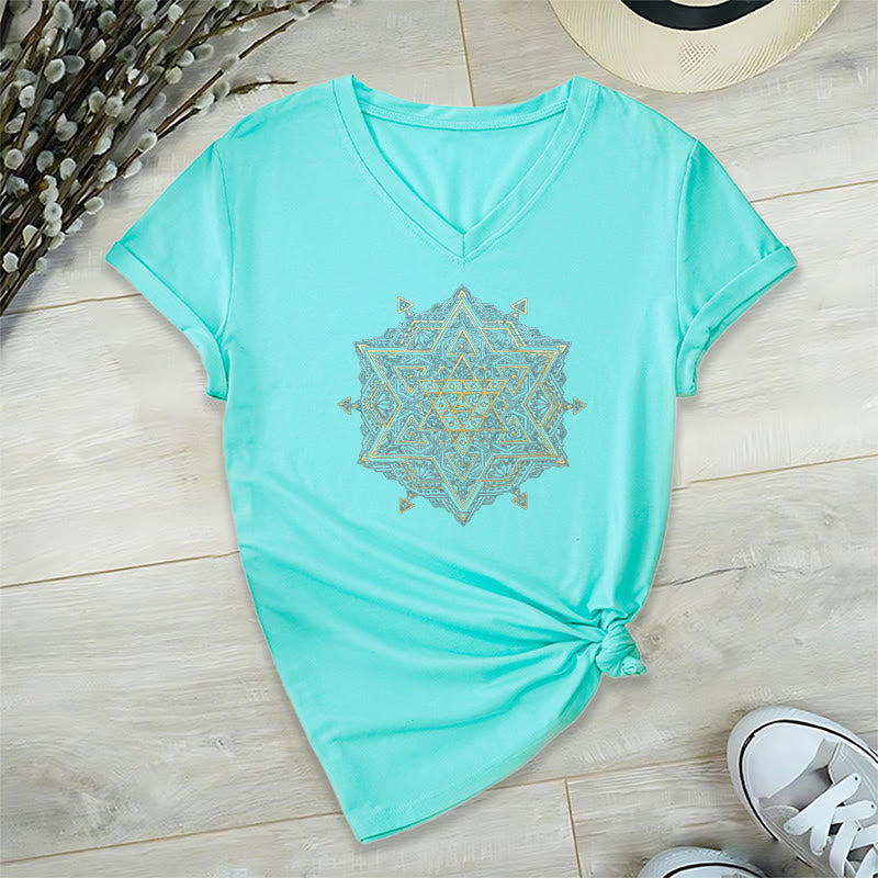 Olivenorma Metatro's Cube Symbol Sacred Geometry Healing Tee V-Neck Spiritual T-Shirt - Cyan - 2XL - image 19