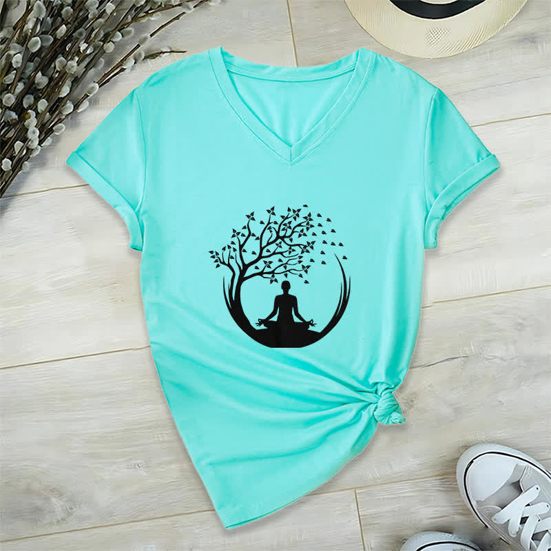 Olivenorma Yoga Meditation Pilates Namaste V-Neck T-Shirt - Lake Blue - 2XL - image 24