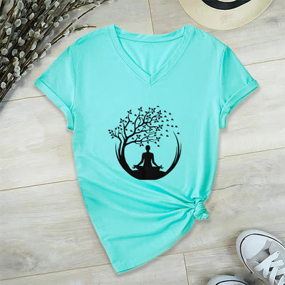 Olivenorma Yoga Meditation Pilates Namaste V-Neck T-Shirt - Lake Blue - 2XL - image 24