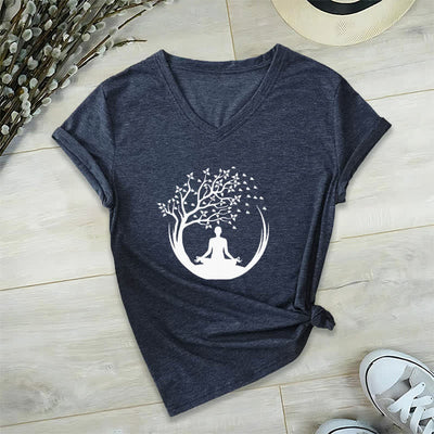 Olivenorma Yoga Meditation Pilates Namaste V-Neck T-Shirt - Navy Blue - 2XL - image 4