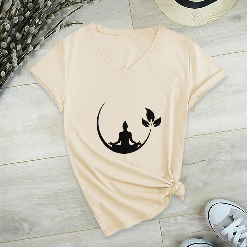Olivenorma Yoga Lotus Buddha Meditation V-Neck T-Shirt - Khaki - 2XL - image 23