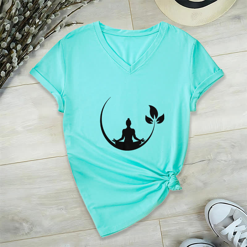 Olivenorma Yoga Lotus Buddha Meditation V-Neck T-Shirt - Lake Blue - 2XL - image 25
