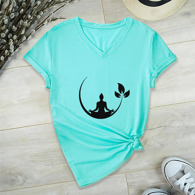 Olivenorma Yoga Lotus Buddha Meditation V-Neck T-Shirt - Lake Blue - 2XL - image 25