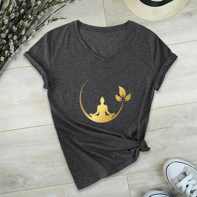 Olivenorma Yoga Lotus Buddha Meditation V-Neck T-Shirt - Gray - 2XL - image 13