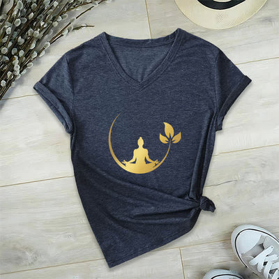 Olivenorma Yoga Lotus Buddha Meditation V-Neck T-Shirt - Navy Blue - 2XL - image 7