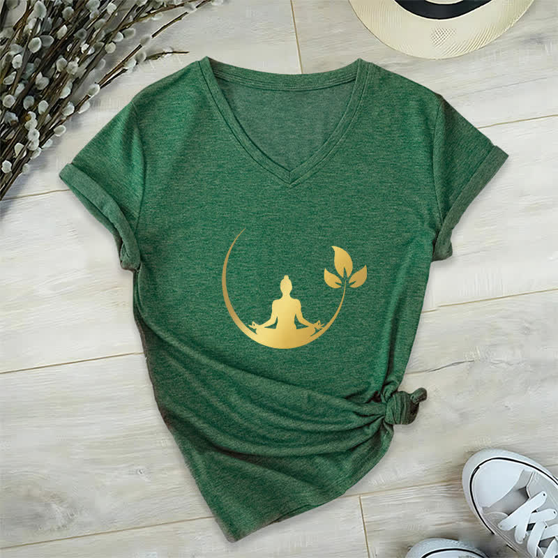 Olivenorma Yoga Lotus Buddha Meditation V-Neck T-Shirt - Dark Green - 2XL - image 9