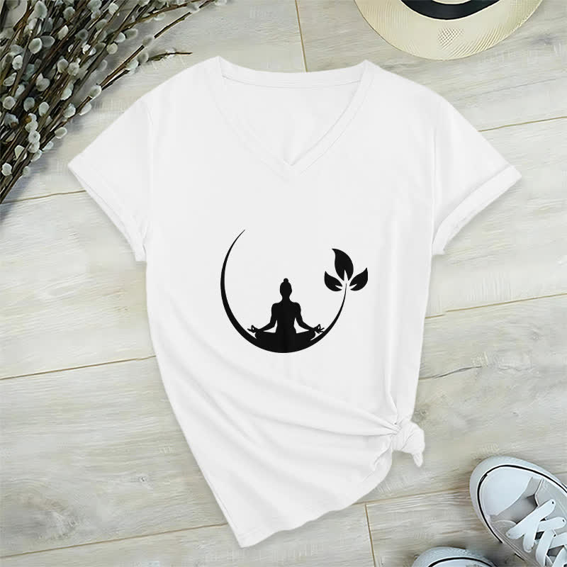 Olivenorma Yoga Lotus Buddha Meditation V-Neck T-Shirt - White - 2XL - image 4