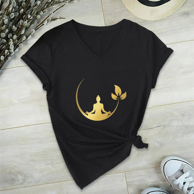 Olivenorma Yoga Lotus Buddha Meditation V-Neck T-Shirt - Black - 2XL - image 15